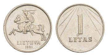 Литва 1 лит 1991 KM 91 медно-никель UNC 4647-929