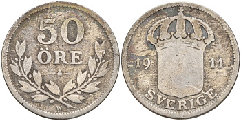 Швеция 50 эре 1911 G, Густав V (1907-1950) KM 788 серебро 4148-836