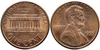 США 1 ЦЕНТ 1995 ЛИНКОЛЬН KM 201b цинк плакированный медью 4178-266