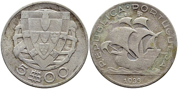 Португалия 5 эскудо 1933 KM 581 серебро 4395-847