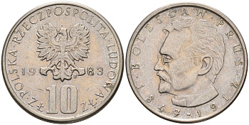 Польша 10 злотых 1983 MW, Болеслав Прус KM 73 медно-никель    4150-524
