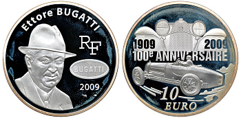 Франция 10 евро 2009 100 лет компании Бугатти, Этторе Бугатти, в оригинальной коробке, сертификат KM 1606 серебро PROOF 3-6-1-31
