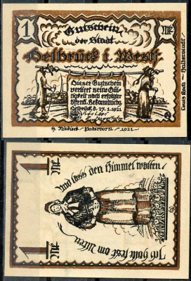 Германия, Дельбрюк 1 марка 1921 нотгельд, 27.1.1921 Grabowski 261.1 бумага UNC (пресс) 00-00-00