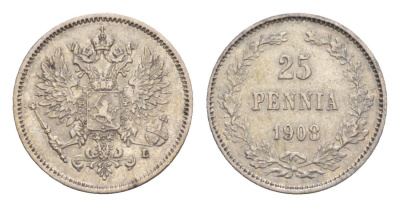 Россия для Финляндии 25 пенни 1908 L, Николай II (1894-1917) Биткин 416 серебро 4658-859