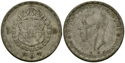 Швеция 1 крона 1947 TS, Густав V (1907-1950) KM 814 серебро 4177-951