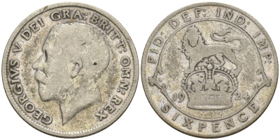 Великобритания 6 пенсов 1924 Георг V (1910-1936) KM 815a.1, Spink 4024 серебро    4602-619