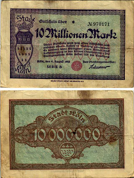 КЁЛЬН 10000000 МАРОК 1923 9 АВГУСТА 1923, СЕРИЯ В, НОТГЕЛЬД бумага 6279-17-1