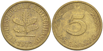 ФРГ 5 ПФЕННИГОВ 1972 D KM 107, J. 382 сталь плакированная латунью 4181-935