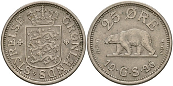 Гренландия 25 эре 1926 NCN; CJ, медведь, датская колония, Кристиан X (1912-1947) KM 5 медно-никель 3711-2115