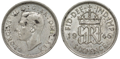 Великобритания 6 пенсов 1946 Георг VI (1936-1952) KM 852, Spink 4084 серебро 4128-821