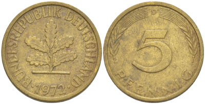 ФРГ 5 ПФЕННИГОВ 1972 D KM 107, J. 382 сталь плакированная латунью 4181-935