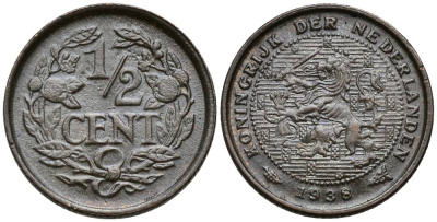 НИДЕРЛАНДЫ 1/2 ЦЕНТА 1938 ВИЛЬГЕЛЬМИНА I (1890-1948) KM 138 бронза 4549-1029