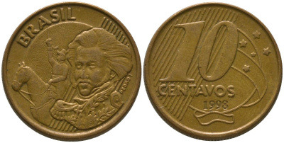 Бразилия 10 сентаво 1998 KM 649, Schon 157 сталь плакированная бронзой 4523-623