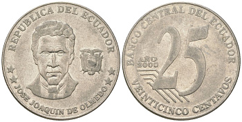 Эквадор 25 сентаво 2000 KM 107 сталь плакированная никелем 4448-533