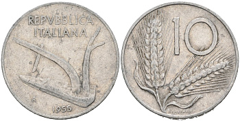 Италия 10 лир 1955 R, плуг, колосья KM 93 алюминий 4571-517