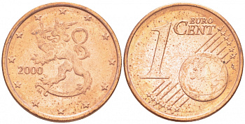 ФИНЛЯНДИЯ 1 ЕВРОЦЕНТ 2000 KM 98 сталь плакированная медью UNC 3457-1147