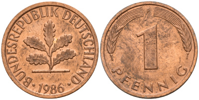 ФРГ 1 пфенниг 1986 F KM 105, J. 380 сталь плакированная медью    4598-638