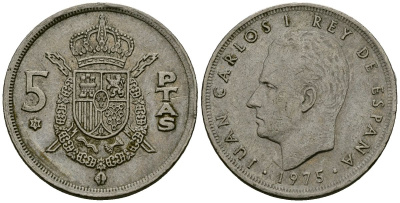 Испания 5 песет 1975 (78) Хуан Карлос I (1975-2014) KM 807 медно-никель 4138-1051