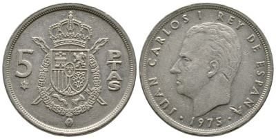 Испания 5 песет 1975 (79) Хуан Карлос I (1975-2014) KM 807 медно-никель 4610-216