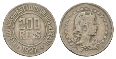 Бразилия 200 реалов 1927 KM 519 медно-никель 4624-1153