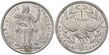 Французская Новая Каледония 1 франк 1983 птица кагу, (IEOM) KM 10, Schoen 10, Lec 46 алюминий    51-2622