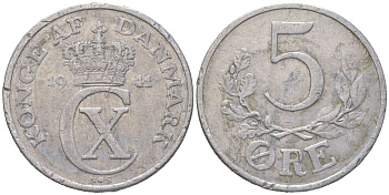 Дания 5 эре 1941 N; S, Кристиан X (1912-1947) KM 834 алюминий 4536-331