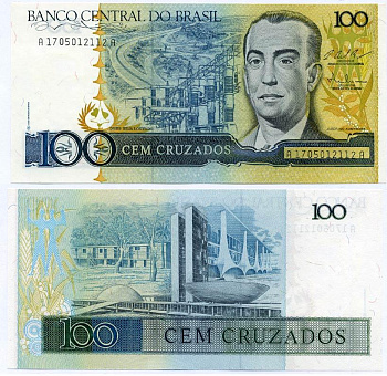 БРАЗИЛИЯ 100 КРУЗАДО 1987 ПОДПИСЬ 25 Pick 211с бумага UNC (ПРЕСС) 8611-38-1-2