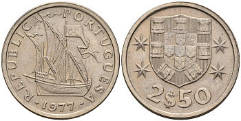 Португалия 2,5 эскудо 1971 парусник KM 590 медно-никель    4152-1114