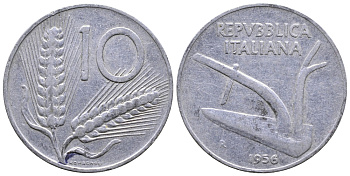 ИТАЛИЯ 10 ЛИР 1956 R, ПЛУГ KM 93 алюминий 4383-516