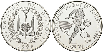 Джибути 100 франков 1994 чемпионат мира по футболу 1994 года в США, тираж 15000 экз. KM 29 серебро PROOF 00-00