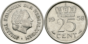 НИДЕРЛАНДЫ 25 ЦЕНТОВ 1958 ЮЛИАНА KM 183 никель 96-139