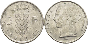 Бельгия 5 франков 1975 Belgie, Бодуэн I (1951-1993) KM 135.1 медно-никель 119-833