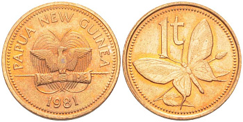 Папуа-Новая Гвинея 1 тойя 1981 бабочка KM 1 бронза UNC 4516-258