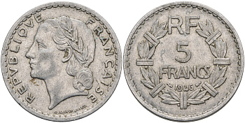 ФРАНЦИЯ 5 ФРАНКОВ 1946 KM 888b.1 алюминий 4590-524