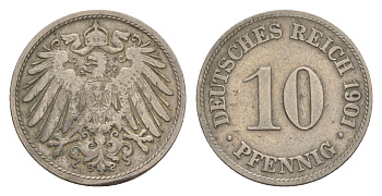 Германия 10 пфеннигов 1901 D, Вильгельм II (1888-1918) KM 12, J. 13 медно-никель 4640-251