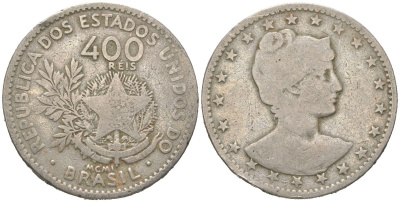 Бразилия 400 реалов 1901 MCMI, голова свободы вправо KM 505 медно-никель 4612-524