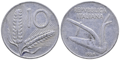 ИТАЛИЯ 10 ЛИР 1956 R, ПЛУГ KM 93 алюминий 4383-516