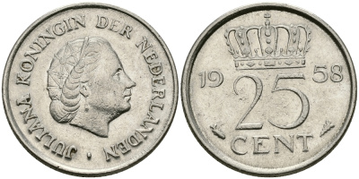 НИДЕРЛАНДЫ 25 ЦЕНТОВ 1958 ЮЛИАНА KM 183 никель 96-139