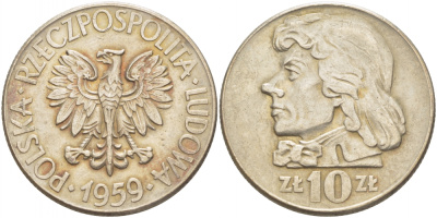 Польша 10 злотых 1959 MW, Тадеуш Костюшко, первый год KM 50 медно-никель 4403-532