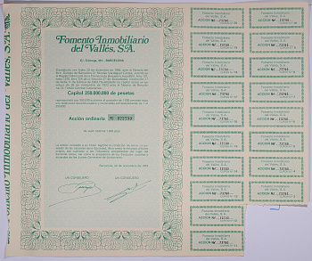 Испания акция на 1000 песет 1973 Fomento Inmobiliario del Valles, S.A., Барселона 1973, с купонами бумага 5548-36-1-2