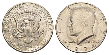 США 1/2 доллара (50 центов) 1974 D, Джон Кеннеди KM 202b медь плакированная медно-никелем aUNC 4123-116