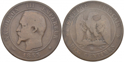 ФРАНЦИЯ 10 САНТИМОВ 1853 ВВ, НАПОЛЕОН III (1852-1870) KM 771.3 бронза 114-644