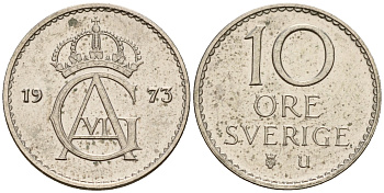 Швеция 10 эре 1973 U, Густав VI Адольф (1950-1973) KM 835 медно-никель 4598-1228