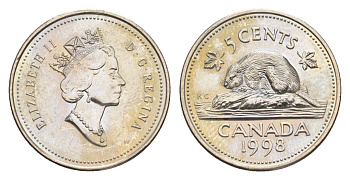 Канада 5 центов 1998 W, Елизавета II (1952-2022), бобр KM 182 медно-никель UNC 4639-526