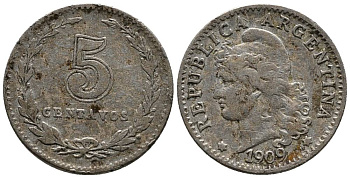 Аргентина 5 сентаво 1909 голова свободы влево KM 34 медно-никель 4528-224