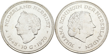 Нидерланды 10 гульденов 1970 25 лет освобождения от фашизма (1945-1970), Юлиана KM 195 серебро аUNC 1074-4-24