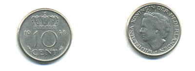 Нидерланды 10 центов 1948 Вильгельмина (1895-1948) KM 177 никель 4379-1411