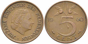 НИДЕРЛАНДЫ 5 ЦЕНТОВ 1960 ЮЛИАНА KM 181 бронза 3856-1231