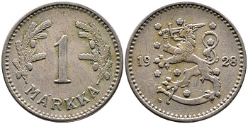 ФИНЛЯНДИЯ 1 МАРКА 1928 S KM 30 медно-никель 4388-955