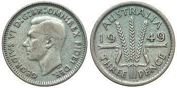 Австралия 3 пенса 1949 m, Георг VI (1937-1952), без букв KM 44 серебро 71-234